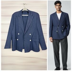 Luigi Fusaro Double Breasted Blazer Suit Jacket Blue Linen Cotton Italy 54 US 44
